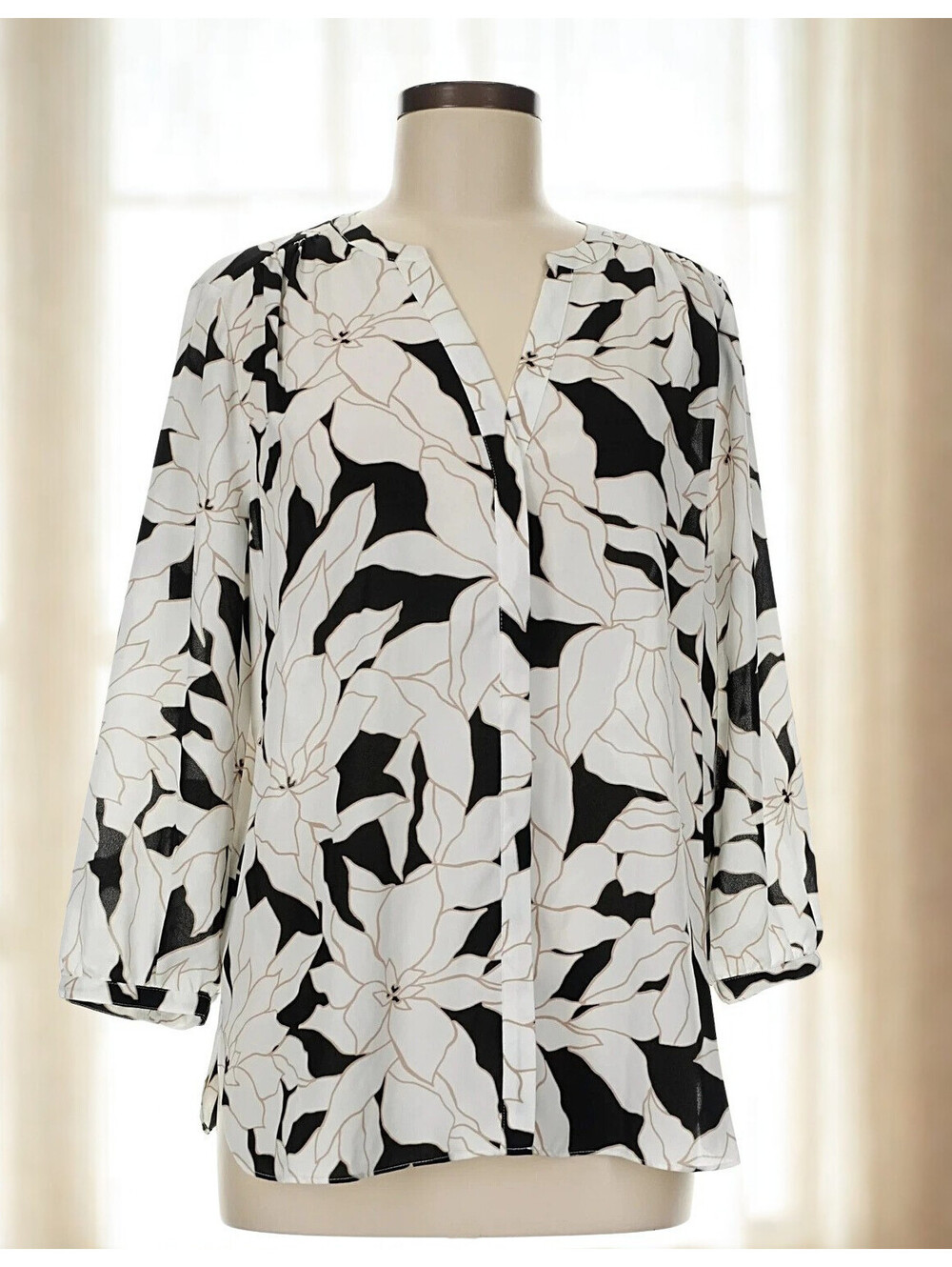 NYDJ Gemma Pleated Front Blouse IVORY/BLACK Size XS